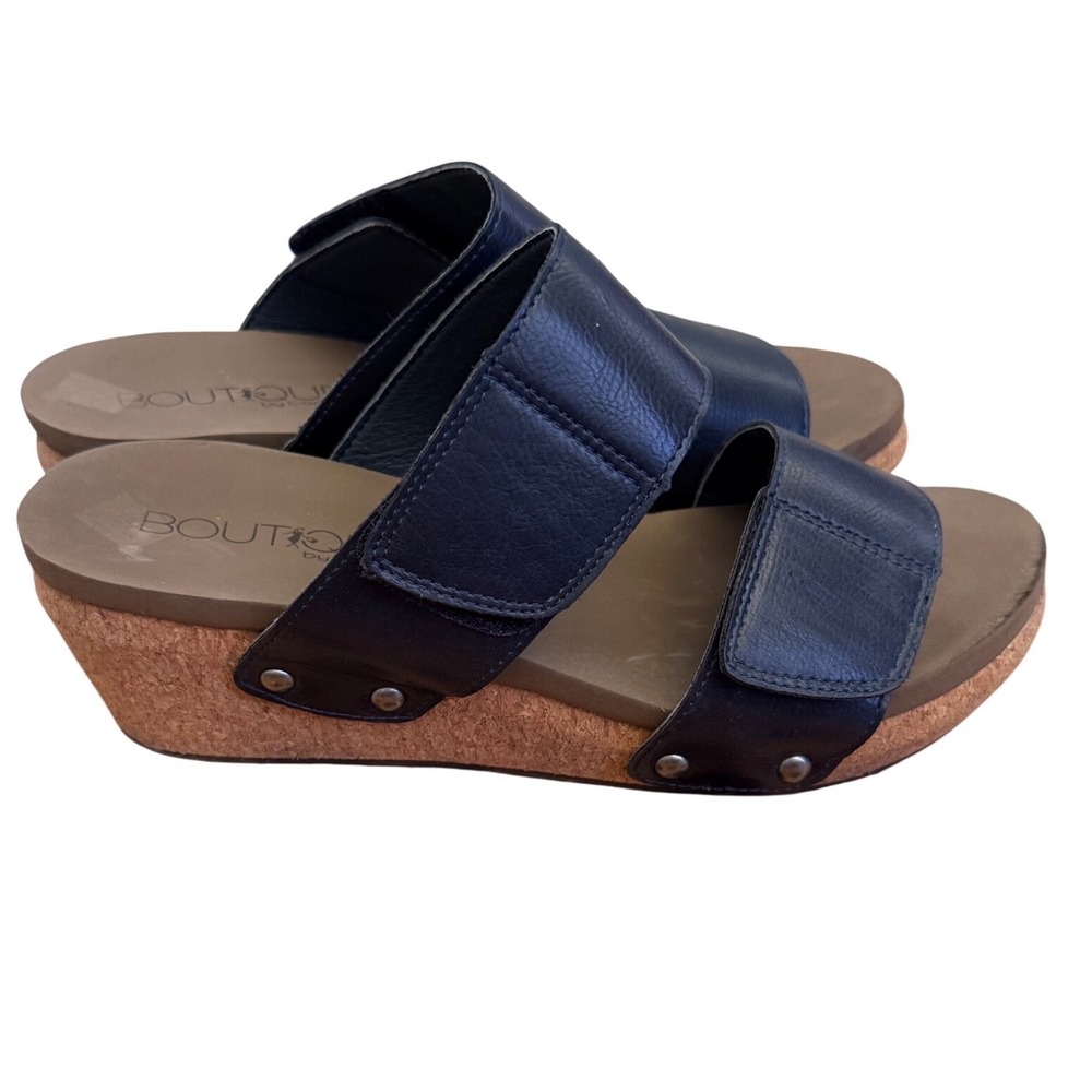 Boutique by Corkys Shaw Navy Blue Double Strap Cork Wedge Sandals Womens 10 - Picture 3 of 7